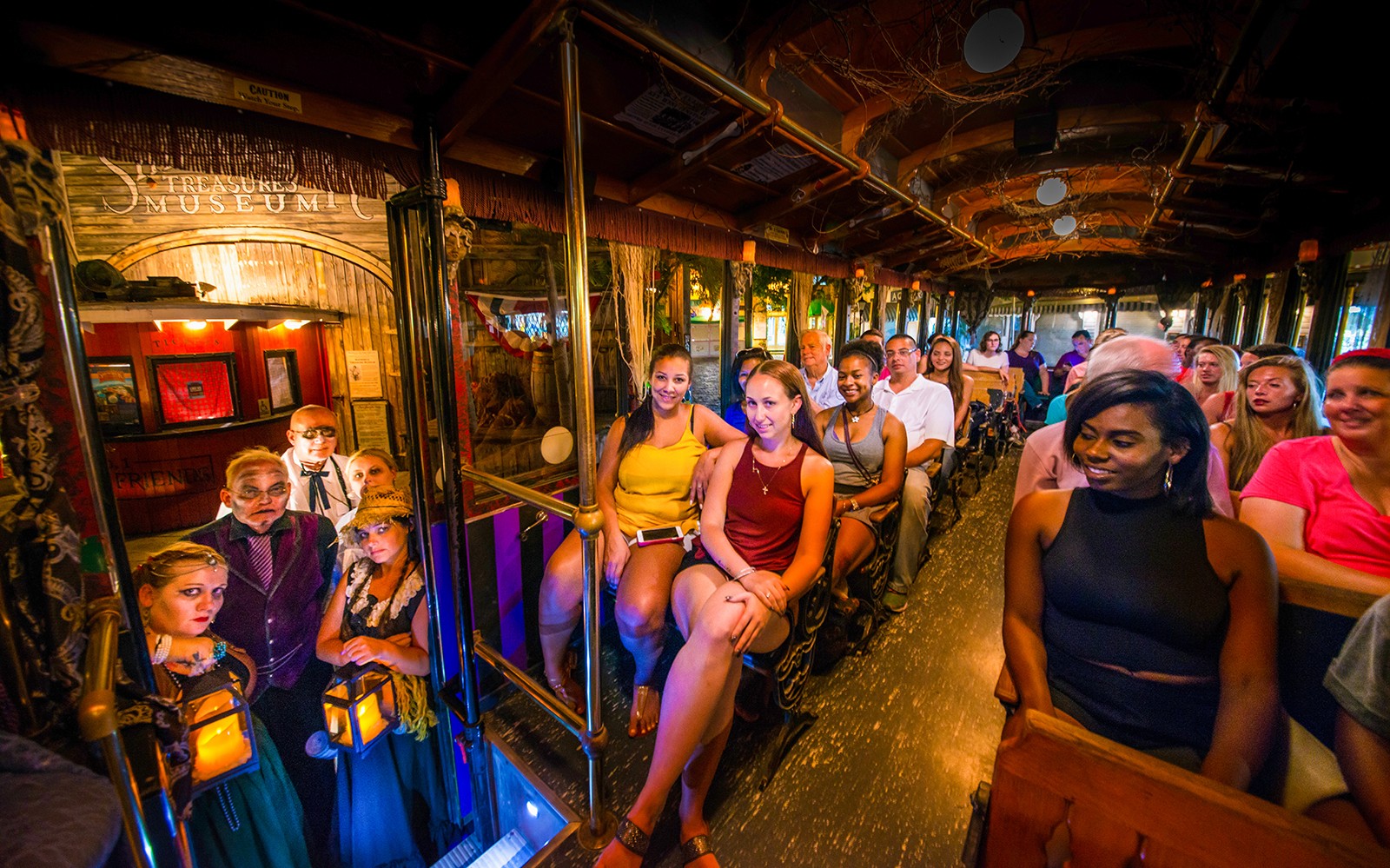 Tour group on Boston Ghosts & Gravestones trolley with costumed guides.
