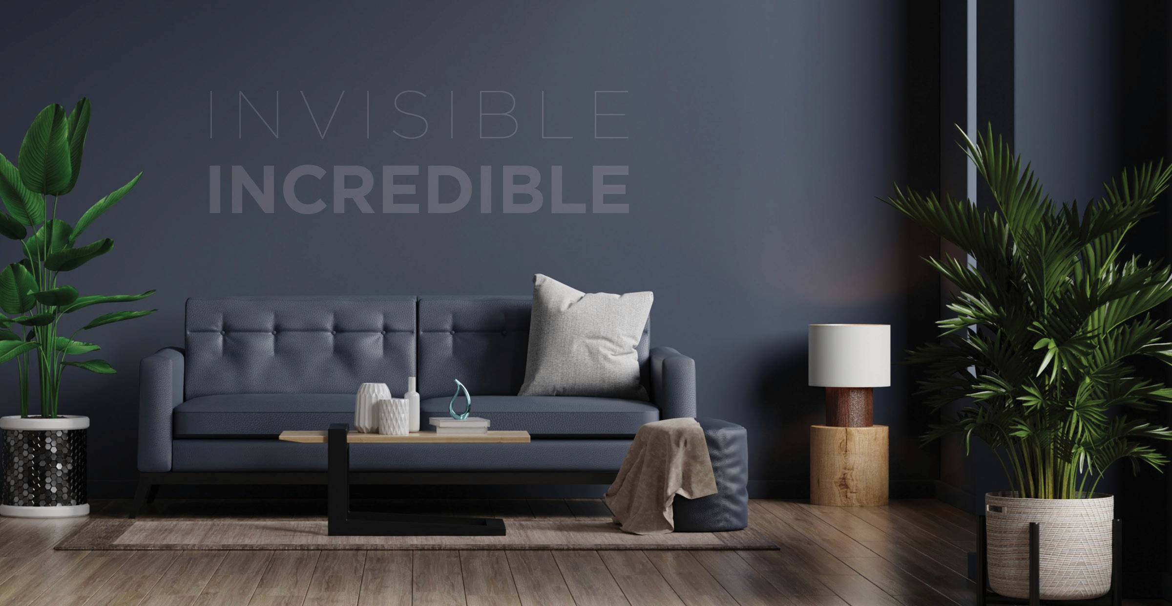Interior scene with couch, plants, and text.