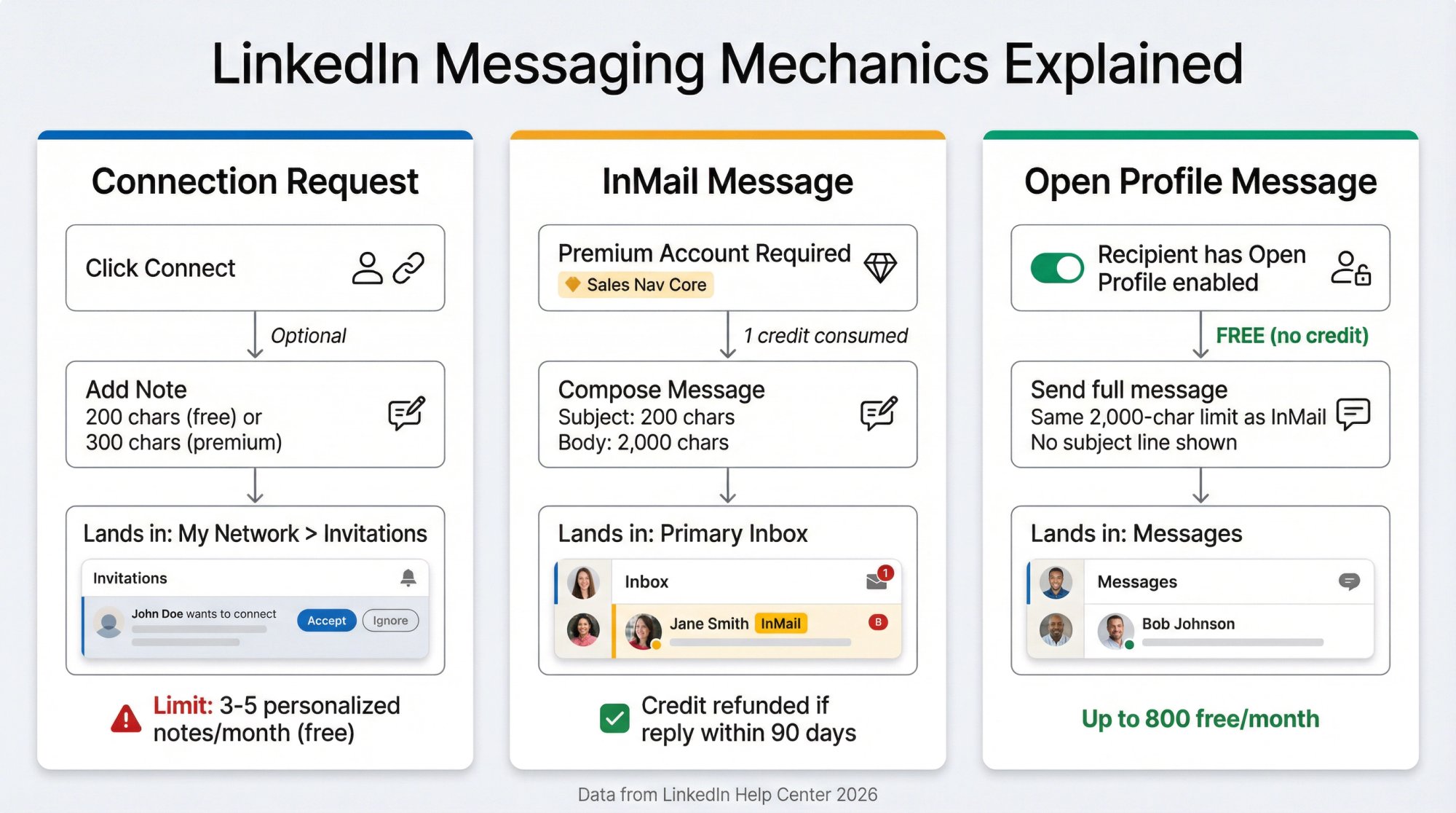 Three-panel visual comparison showing LinkedIn connection request workflow, InMail message flow, and Open Profile free messaging mechanic with character limits and access differences