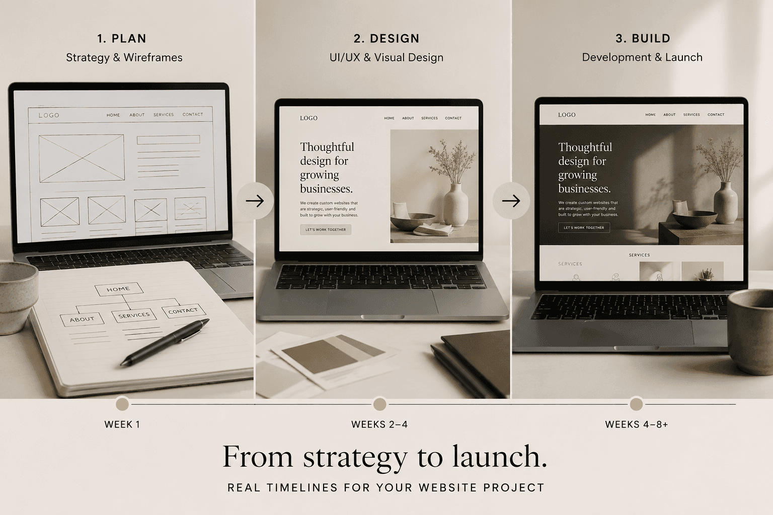 How long does it take to build a website? Visual timeline showing planning, design, development, and launch stages for a business website