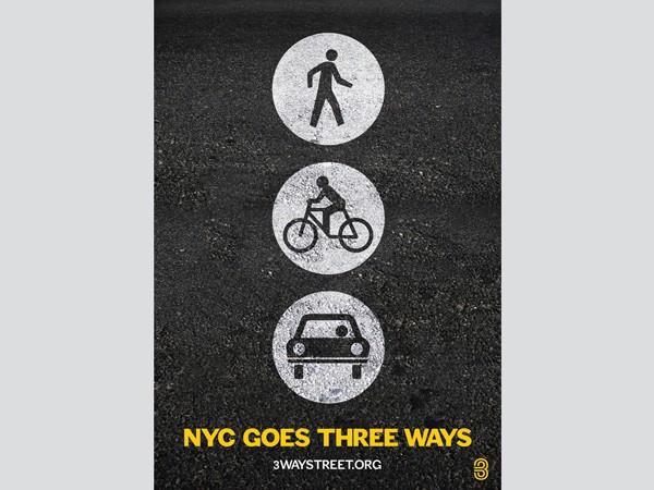 The image shows a poster with a black background and white circular icons arranged vertically. Each icon depicts a black symbol: a pedestrian, a cyclist, and a car. The text “NYC GOES THREE WAYS” is displayed in yellow letters below the icons, along with the website address “3WAYSTREET.ORG” in white text. The poster is framed by a gray border.
