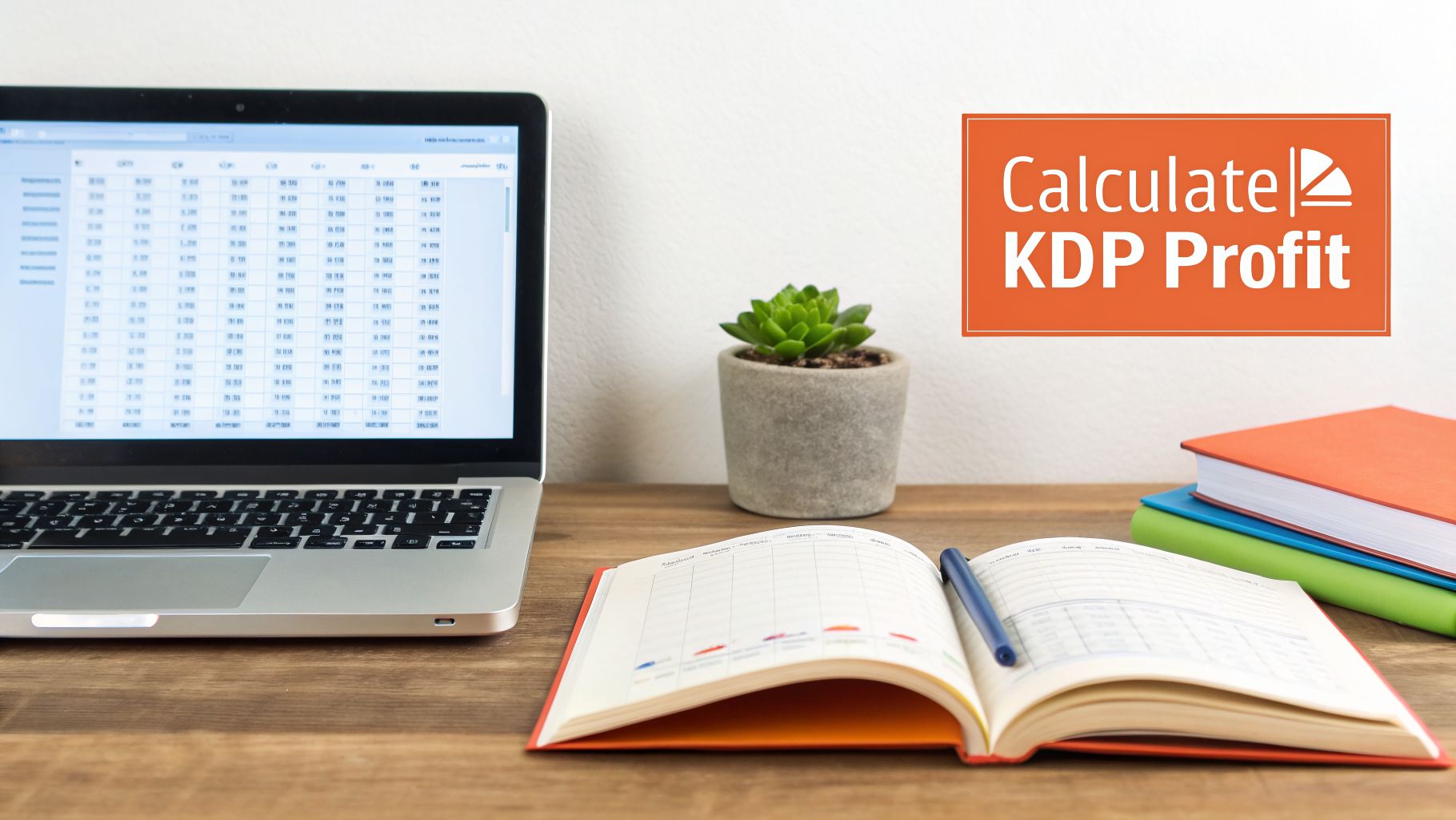 A well-organized workspace with a laptop, books, and a sign advertising KDP profit calculation.
