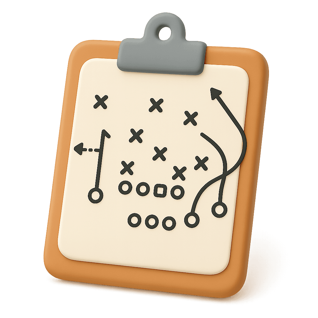 A clipboard featuring a strategic play diagram with various marks and lines indicating movements.