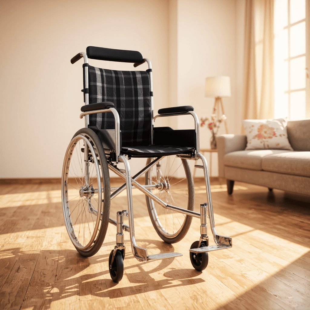 product photography of a wheelchair designed for mobility assistance, featuring a plaid fabric seat
