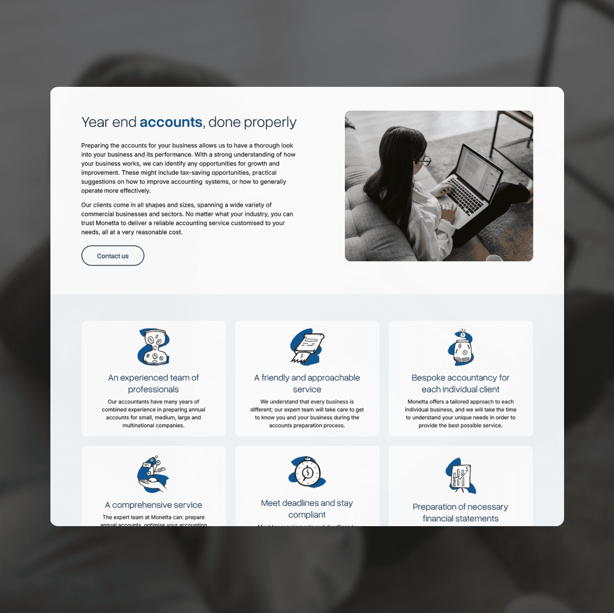 Website design showcasing accounting services, including year-end accounts and client testimonials.