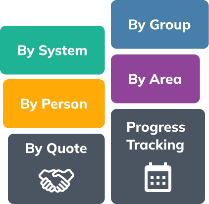 WeQuote workflow view toggle buttons: By Group, System, Area, Person, and Quote for organising project tasks