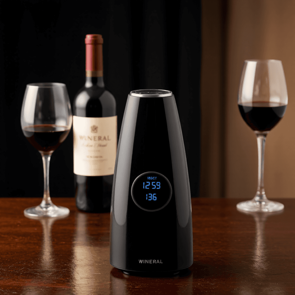 product photography of a sleek wine aerator device designed for enhancing the flavor of wine
