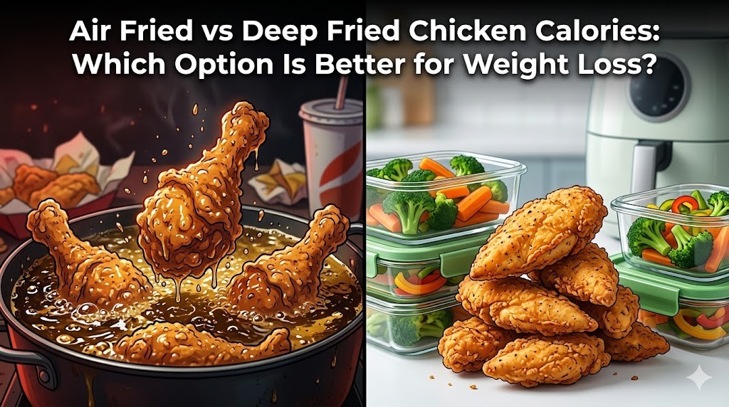 A cinematic split-screen comparison in a cartoon animated style. The left side shows a piece of deep-fried chicken emerging from bubbling oil with a soda cup in the background, labeled as indulgent. The right side features a stack of air-fried chicken breast tenderloins next to glass meal prep containers filled with vegetables (broccoli and carrots) and an air fryer, representing a healthy weight loss lifestyle. A bold title overlay asks, “Air Fried vs Deep Fried Chicken Calories: Which Option Is Better for Weight Loss?”