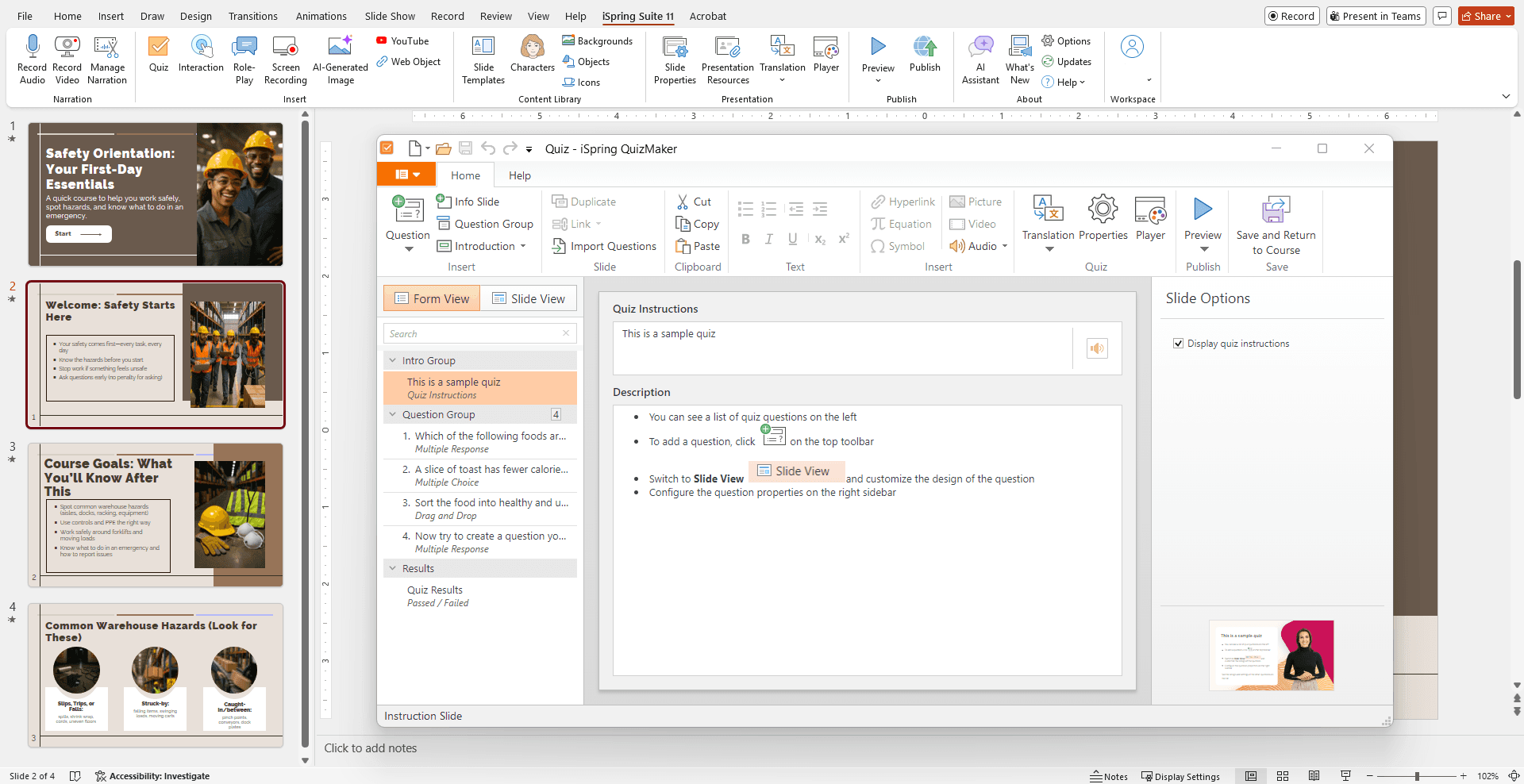 Screenshot of iSpring QuizMaker showing a quiz question list and the quiz editing interface used to create assessments from PowerPoint.