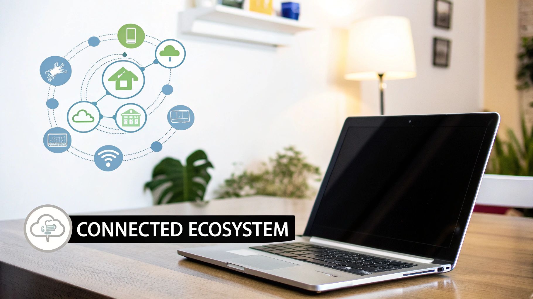 A laptop on a wooden desk with a 'Connected Ecosystem' diagram featuring smart home, cloud, and factory icons.
