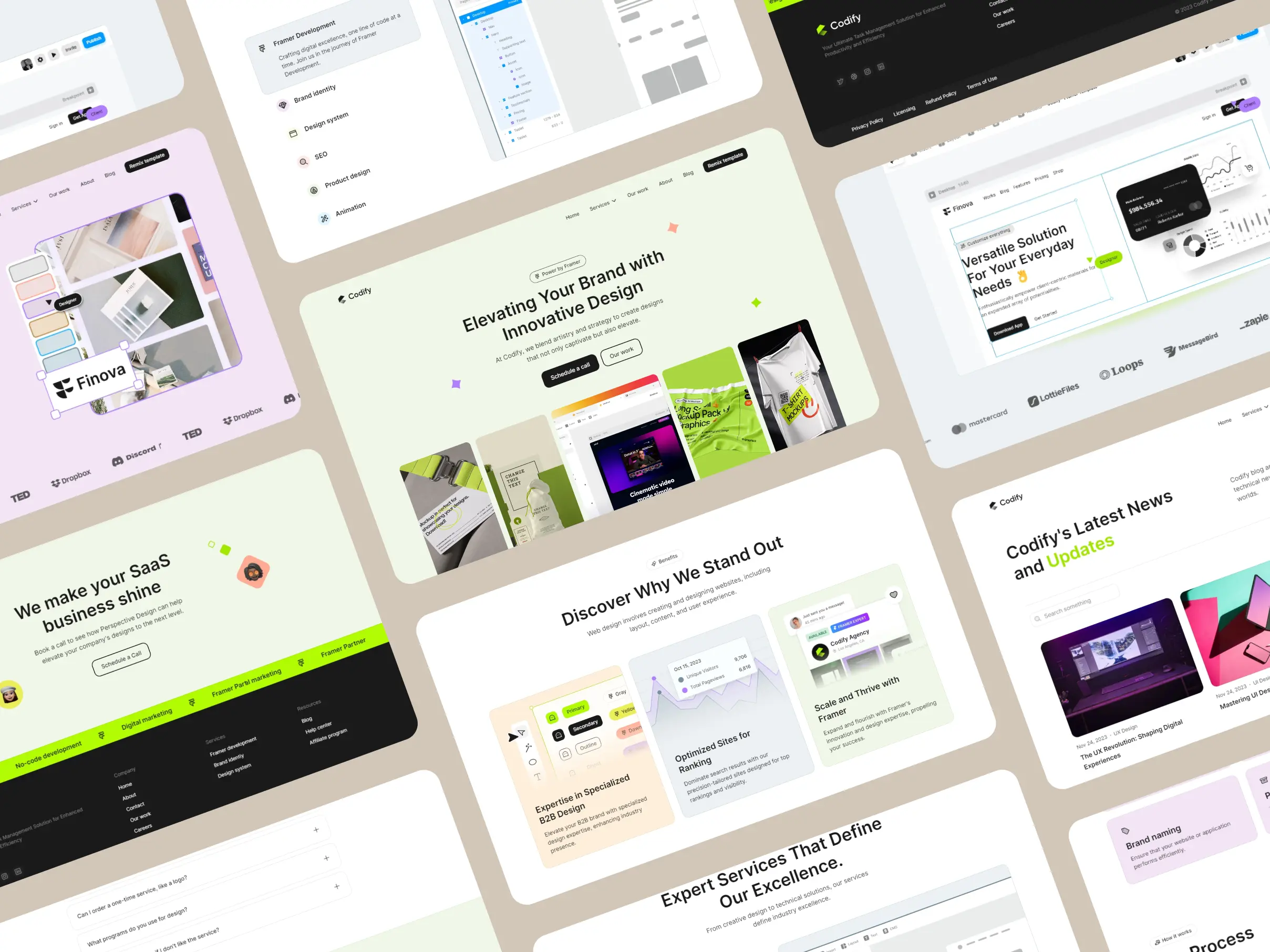 “Codify Framer template preview showcasing SaaS landing pages, blog layout, and service sections in a modern UI grid