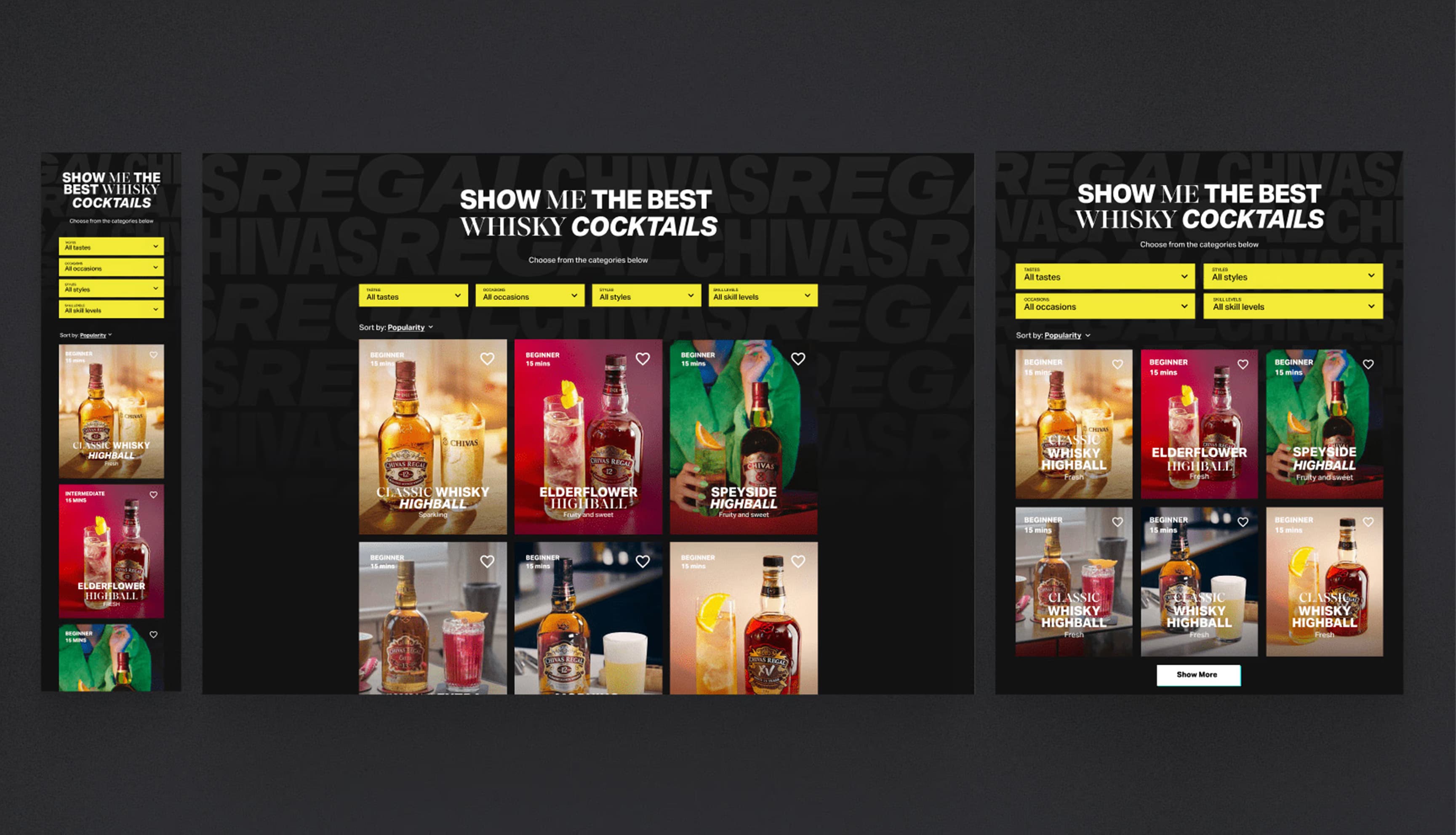 Interactive 'Cocktail Finder' UI featuring a visual grid of whisky recipes with filtering categories like 'Refresh' and 'Summer'.