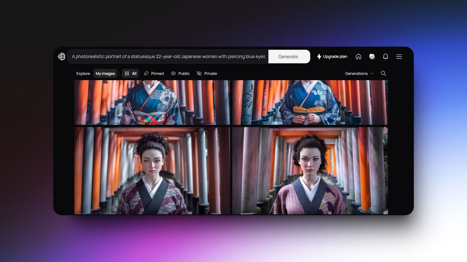 Screenshot of Ideogram AI interface showing photorealistic portraits of a Japanese woman in traditional attire with piercing blue eyes.