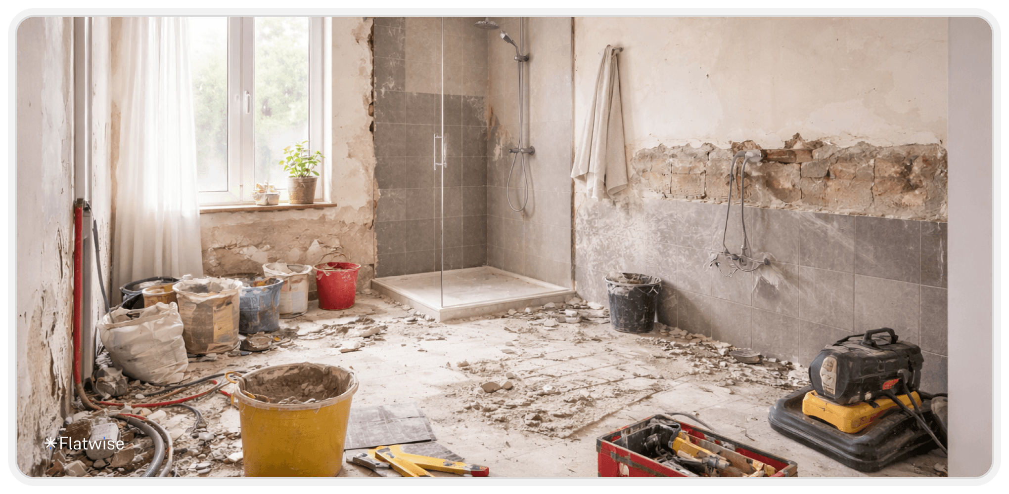 Ein in sanierung befindliches Badezimmer. Eine Baustelle mit Geräten, Werkzeugen und aufgestemmten Wänden.