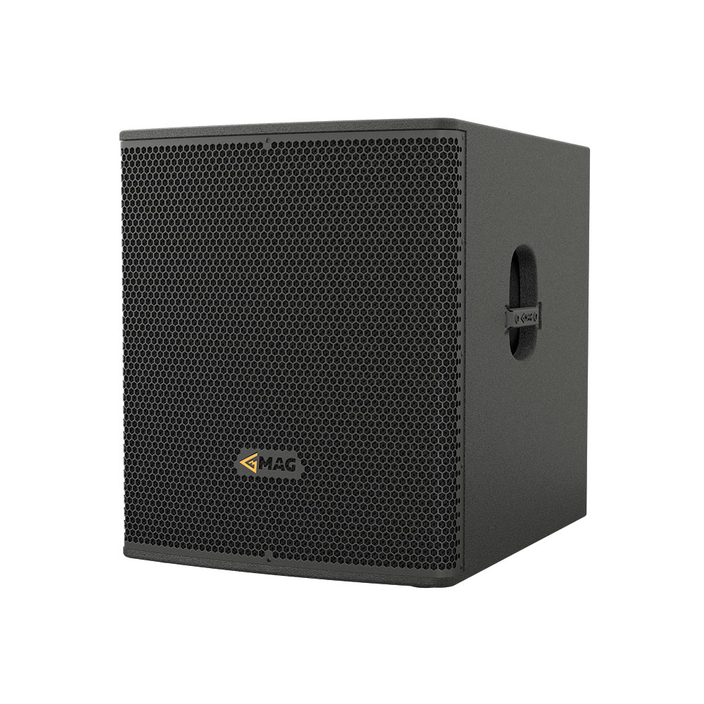 Black audio speaker with MAG logo