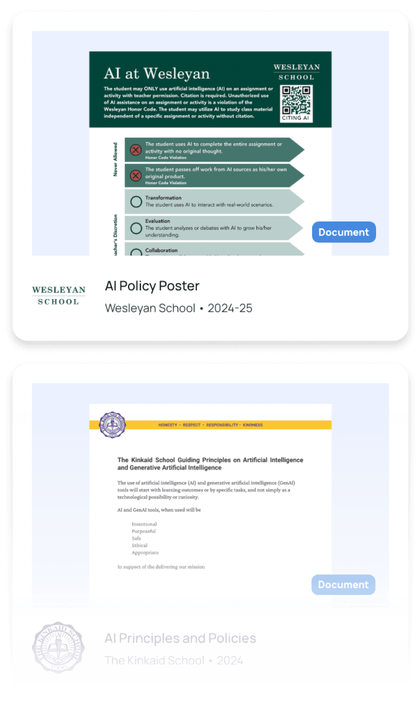 Column showing some of the AI policies in Flint's AI policy library, including the AI policy poster from Wesleyan