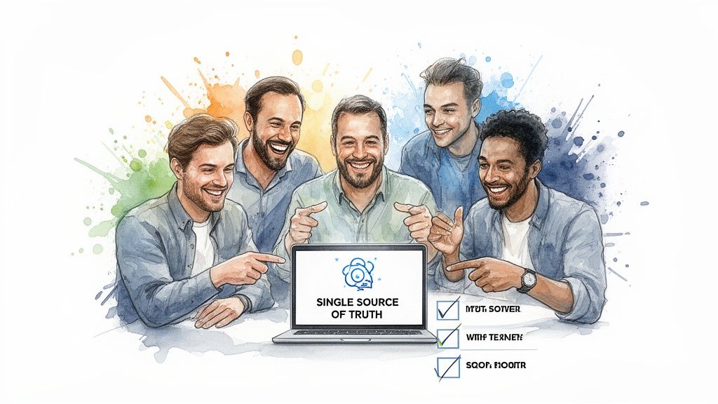 Five smiling men pointing at a laptop displaying 'Single Source of Truth' and a checklist.