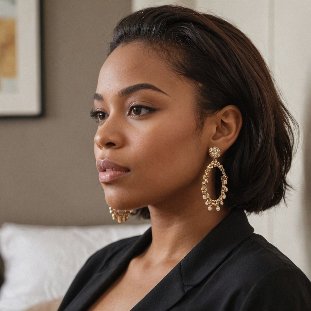 Black AI model wearing earrings, side profile, made with Caspa AI