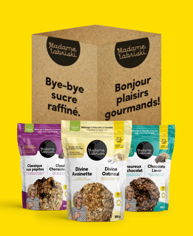 Boîte gourmande offrant 9 mélanges à biscuits santé, végane et sans sucre raffiné ajouté  Madame Labriski 