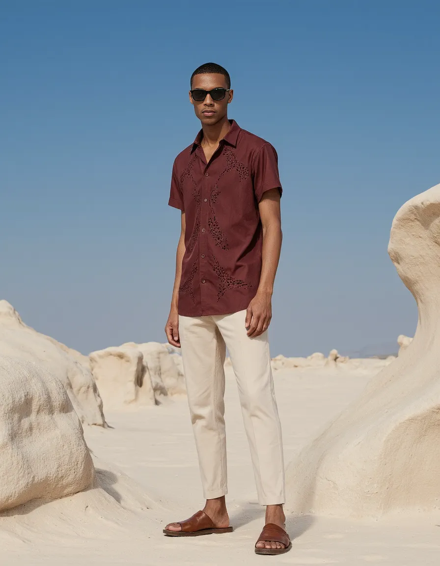 Fashion photograph featuring a burgundy shirt and cream trousers against a minimalist desert landscape with white rock formations.