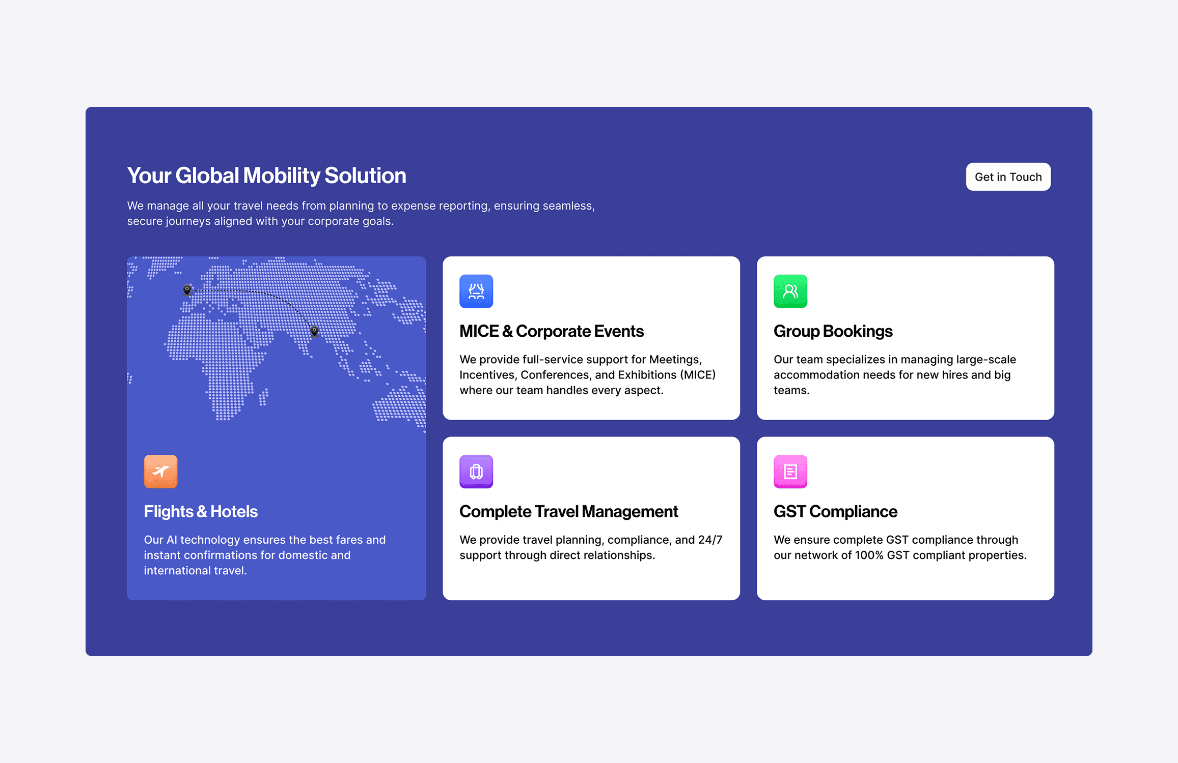 This image displays a blue-themed webpage for a global mobility solution service, featuring sections on MICE & corporate events, group bookings, flights & hotels, complete travel management, and GST compliance, with a ‘Get in Touch’ button in the top right corner.