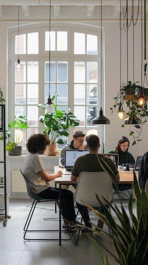 Team working at the table in well lit office
