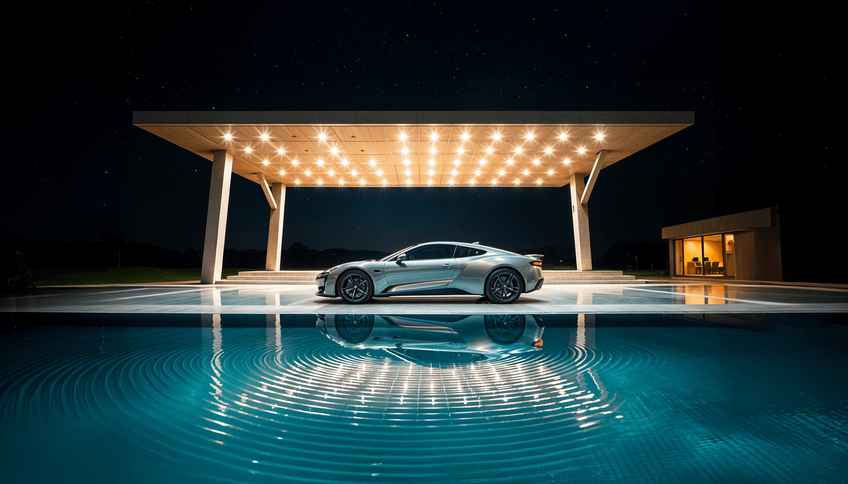 A modern car lit up under a brightly lit canopy/garage