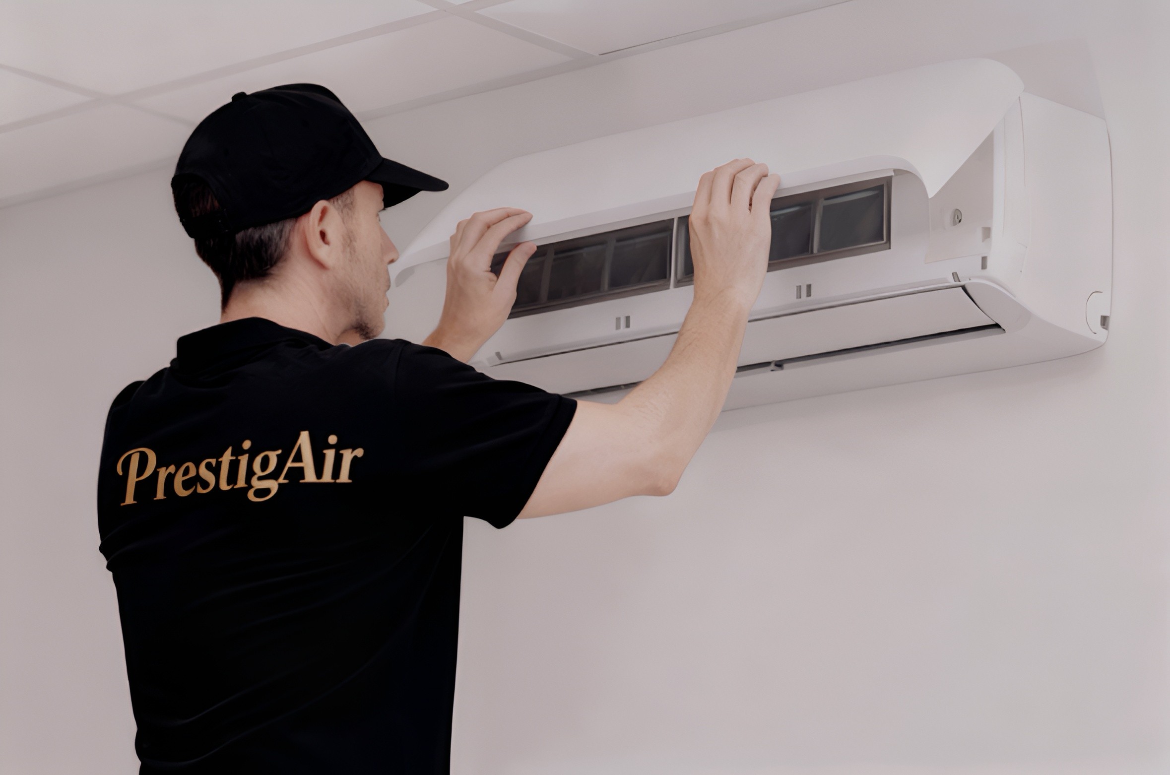 Technicien effectuant l’entretien d’unités de climatisation extérieures sur un toit résidentiel.