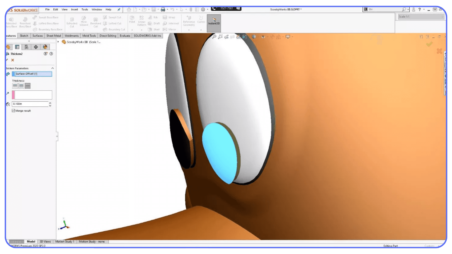 SolidWorks surface and solid modeling view with offset and thickened features highlighted