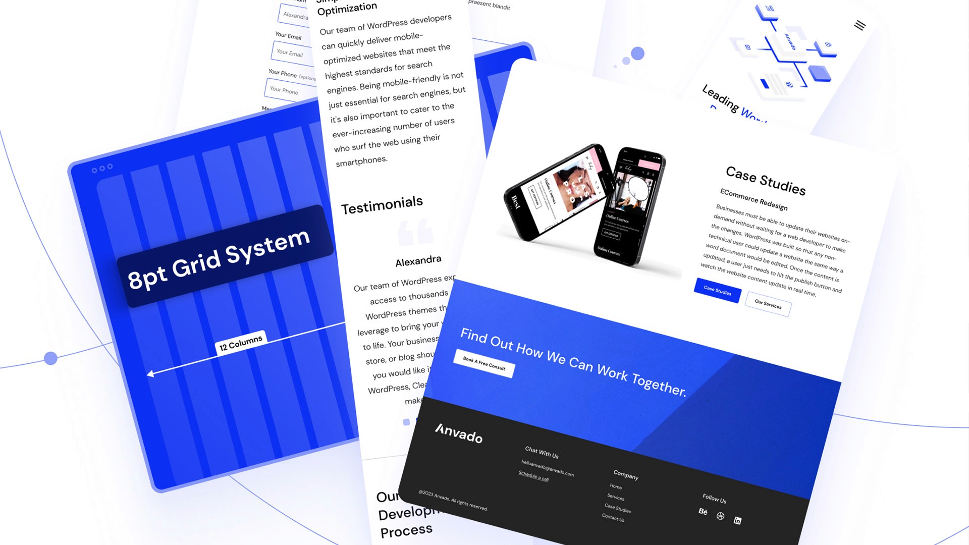 A collage of web design elements including an 8pt grid system with 12 columns, testimonials, case studies featuring mobile screens for eCommerce redesigns, and a call to action to book a free consultation. The design also showcases a footer section with company information and social media links.