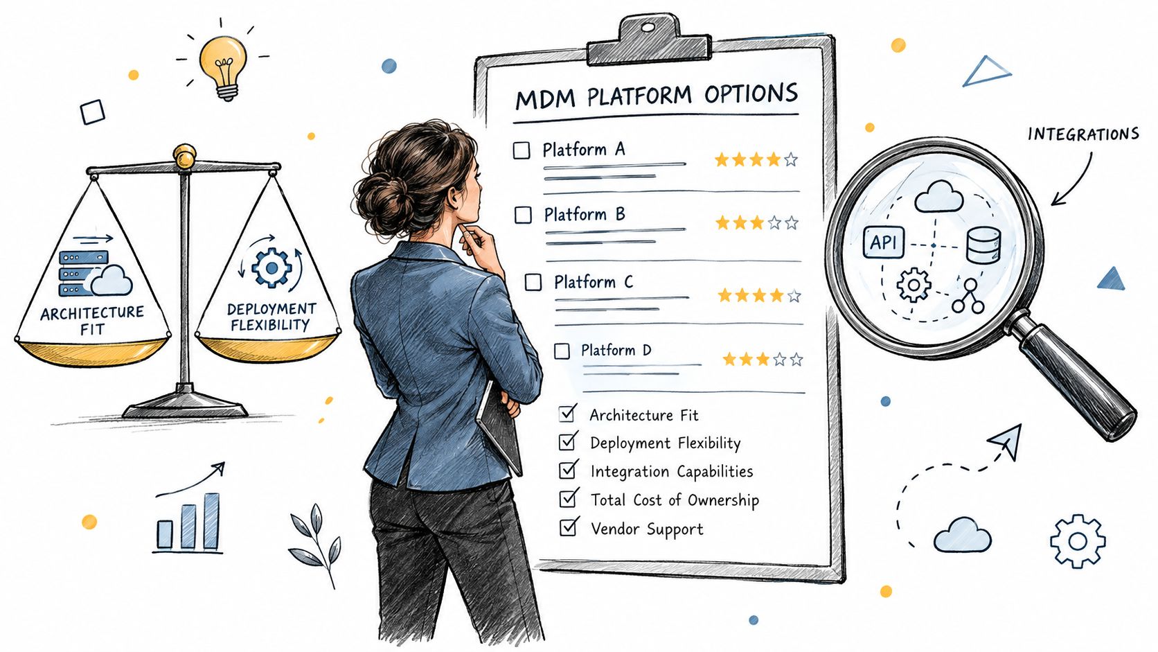 A professional analyzing different MDM platform options on a clipboard while considering integration and deployment factors.