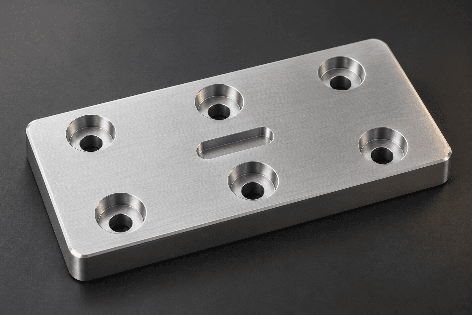 AI-generated concept of an aluminum fixture plate with mounting holes and a central slot; not a production drawing.