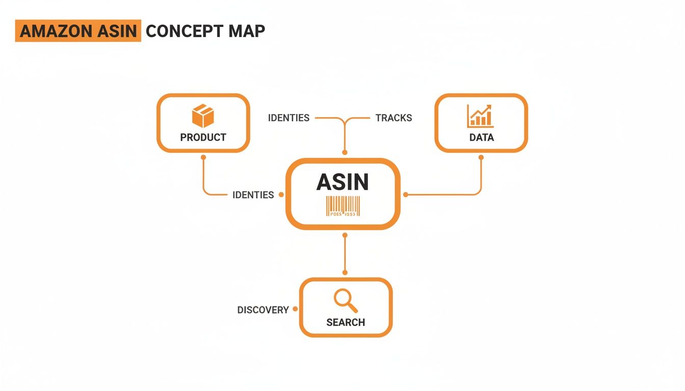 A concept map showing Amazon ASIN linked to Product (identities), Data (tracks), and Search (discovery).