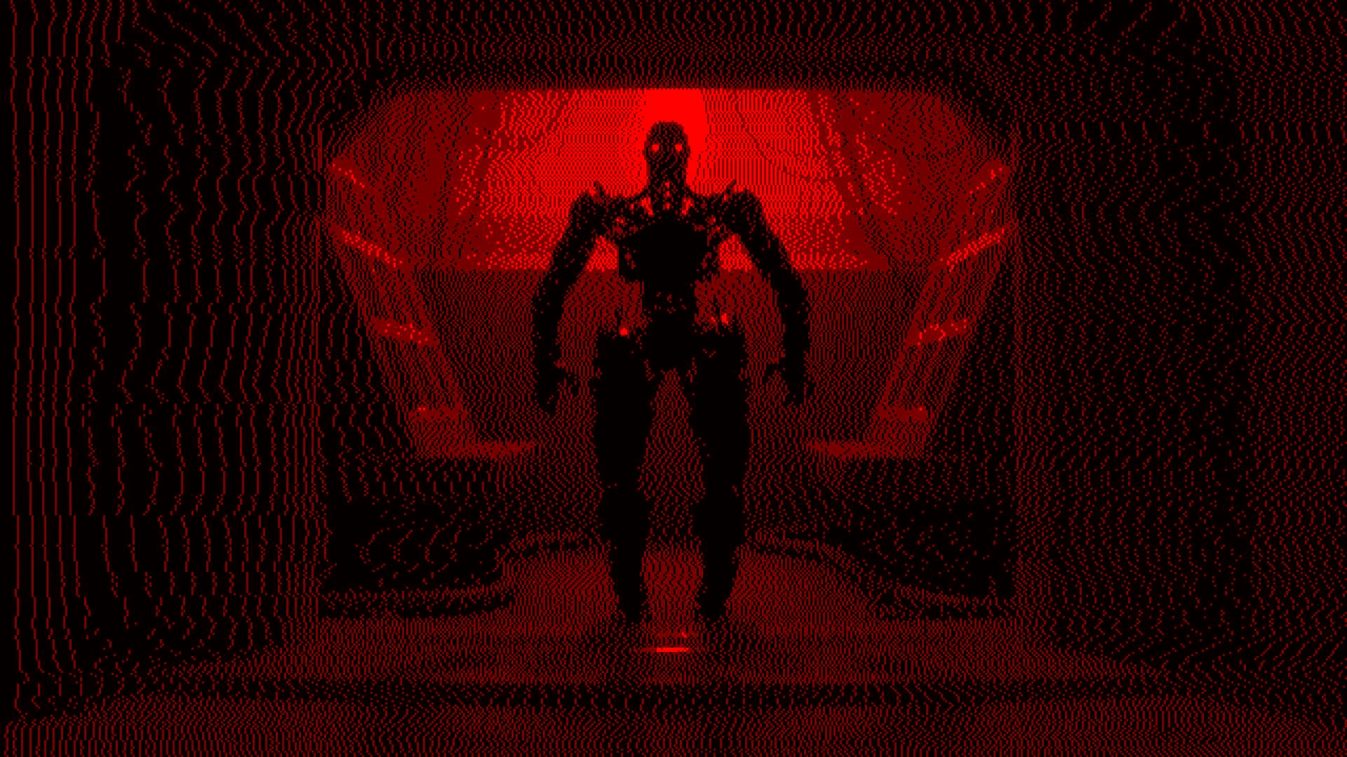 Routine Red-lit menacing robot silhouette