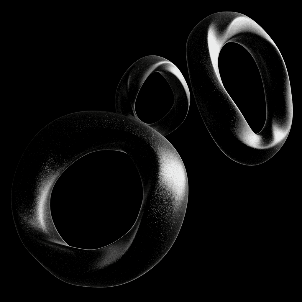 Abstract black toroidal shapes with a glossy finish, floating against a black background, showcasing modern and dynamic design.