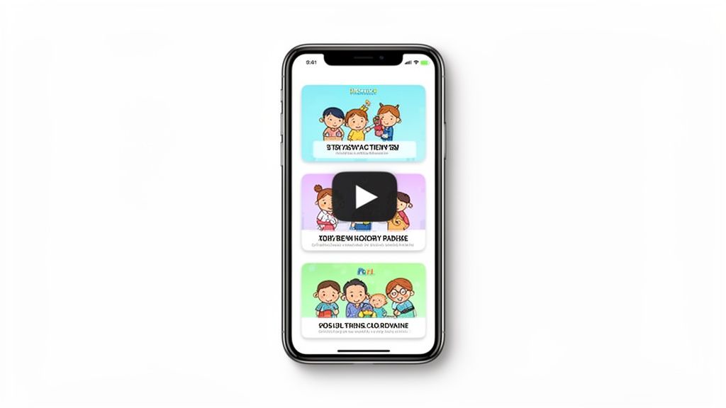 Smartphone displaying a mobile app interface with three video thumbnails featuring cartoon children and a play button.