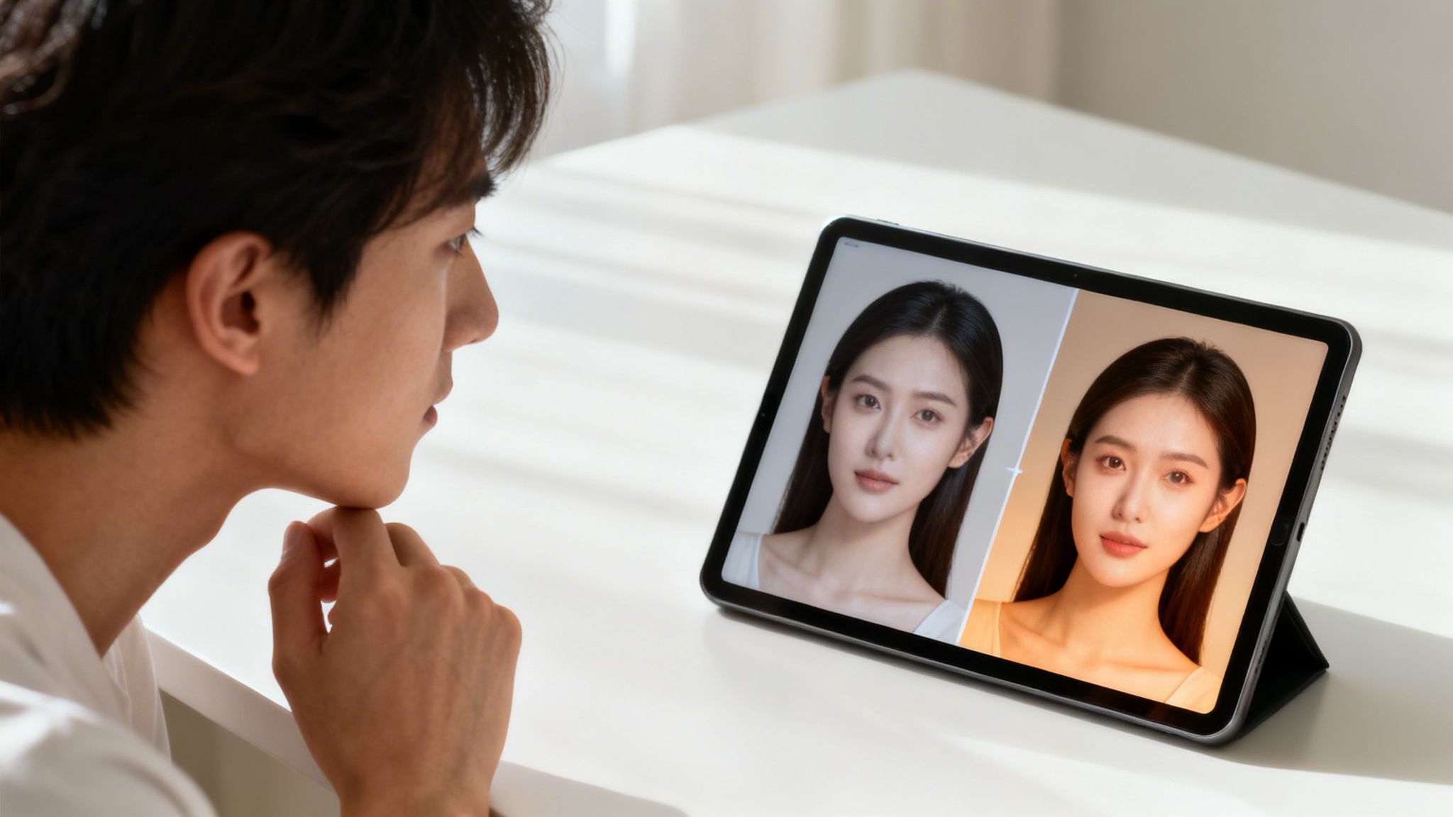 Mann betrachtet auf einem Tablet zwei Versionen eines Frauenporträts, wahrscheinlich zur Bildbearbeitung.