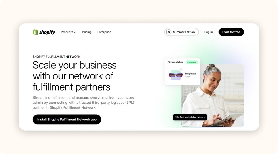 Shopify Fulfillment Network interface with an ecommerce seller managing orders on a tablet, showing fast and reliable delivery through Shopify’s logistics partner network.