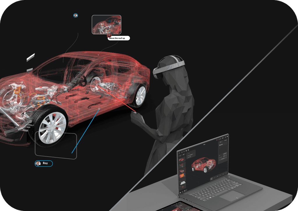 A person wearing an XR headset is viewing a 3D model of a red car, while the same model is also displayed on a desktop computer and a tablet.