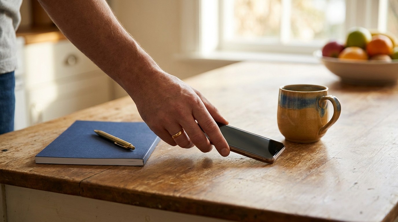 A hand picking up a phone from a wooden kitchen table next to a notebook and a mug.