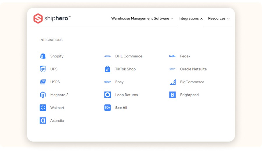 ShipHero integrations page showing ecommerce platforms and shipping partners