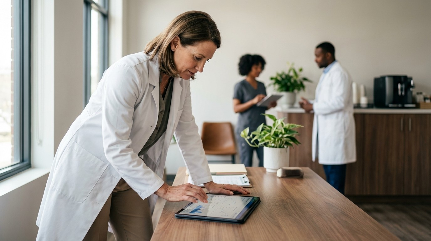 Ärztin präsentiert Praxiskennzahlen im Team-Meeting – MediPulse Dashboard auf dem Laptop