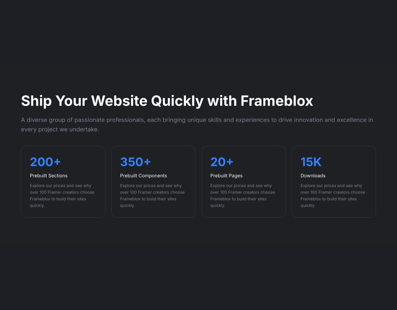 Framer Dark Metrics Section - Frameblox UI