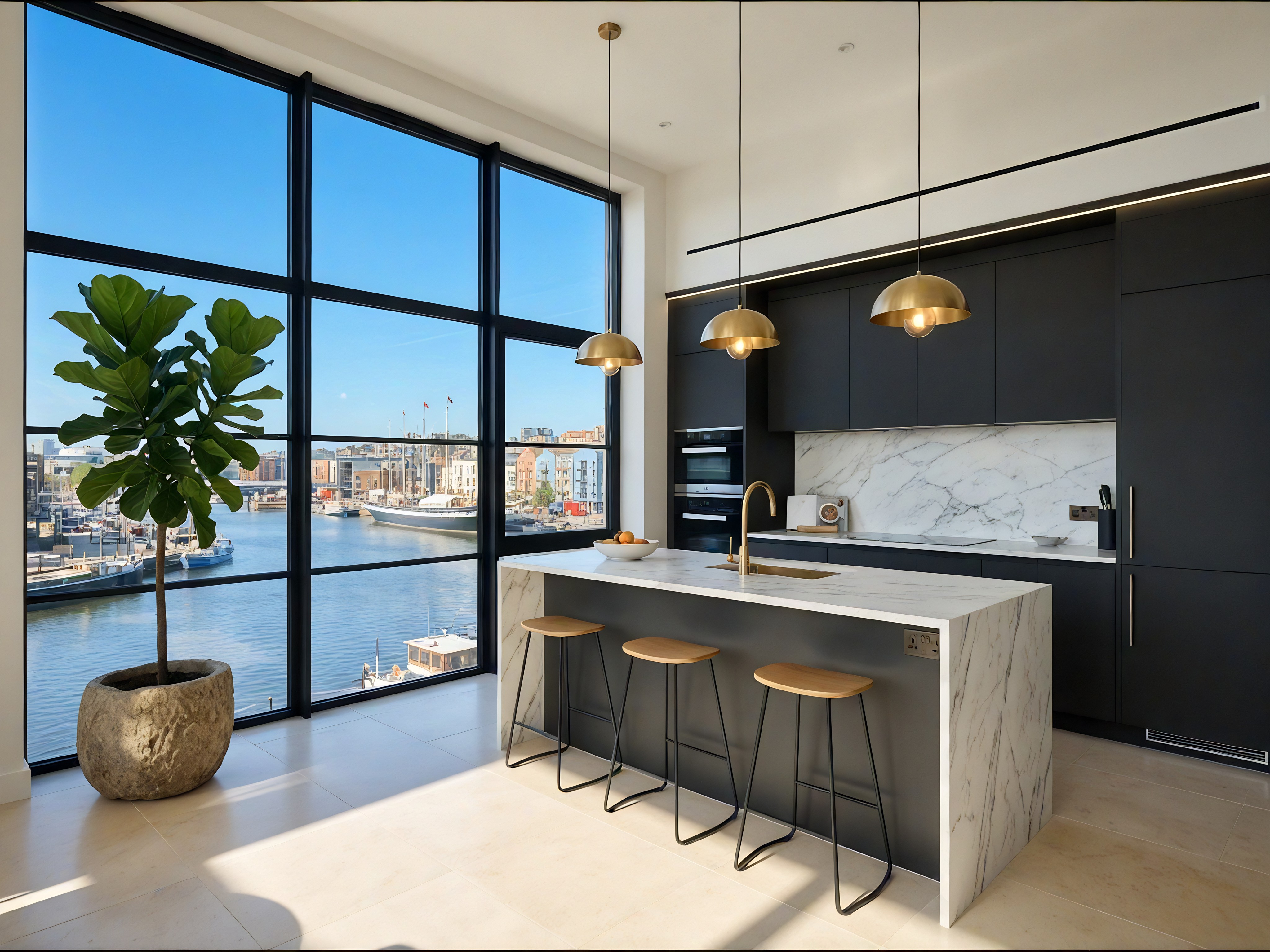 A spacious dining room with off-white marble-patterned flooring, off-white walls with light grey raised panels, and a high ceiling with two skylights and a decorative frieze. The centerpiece is a white square marble table with ten dining chairs, some of which are beige. In the center of the table is a decorative dark green-colored vase with a planted small bush. In the far corner to the left is a tall dark green potted plant. Above the limestone fireplace in the far right corner is a textured grey square artwork.