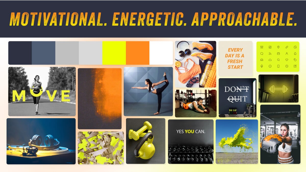 Image of moodboard, emphasizing navy colors, bright yellow, and orange