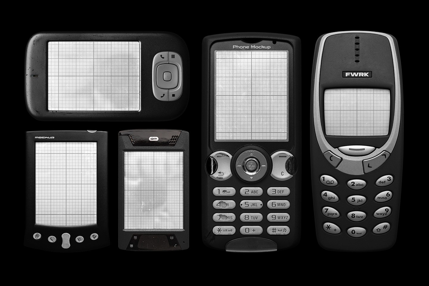 Retro mobile smart device mockup bundle with multiple vintage phones and handheld devices