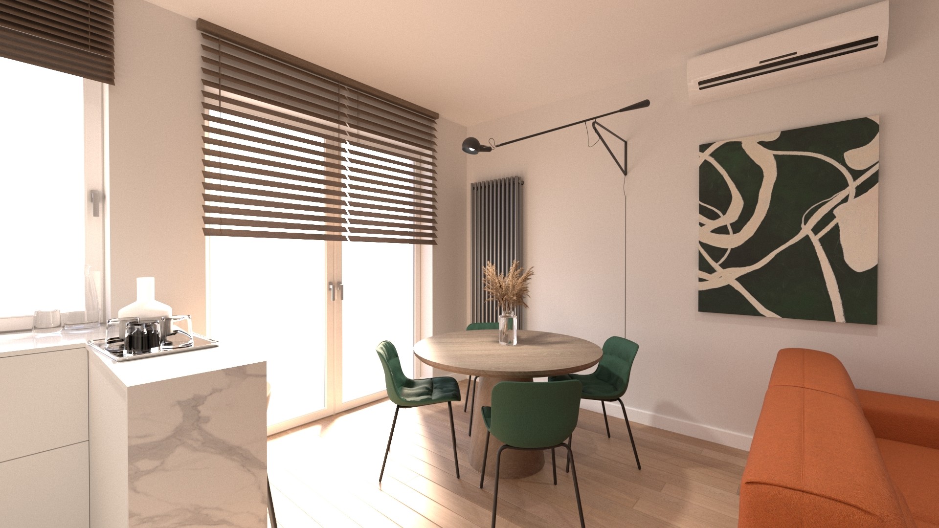 Modern architectural workspace with large floor-to-ceiling windows, surrounded by trees, and desks filled with design materials and books. Two blurred figures are walking through the space.