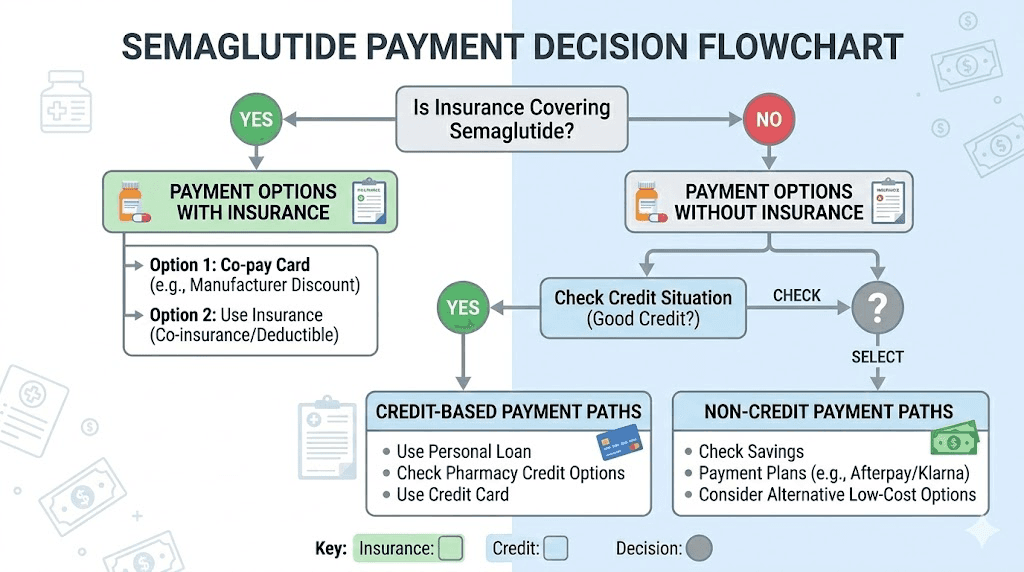 Decision flowchart for choosing the best semaglutide payment option based on insurance and credit