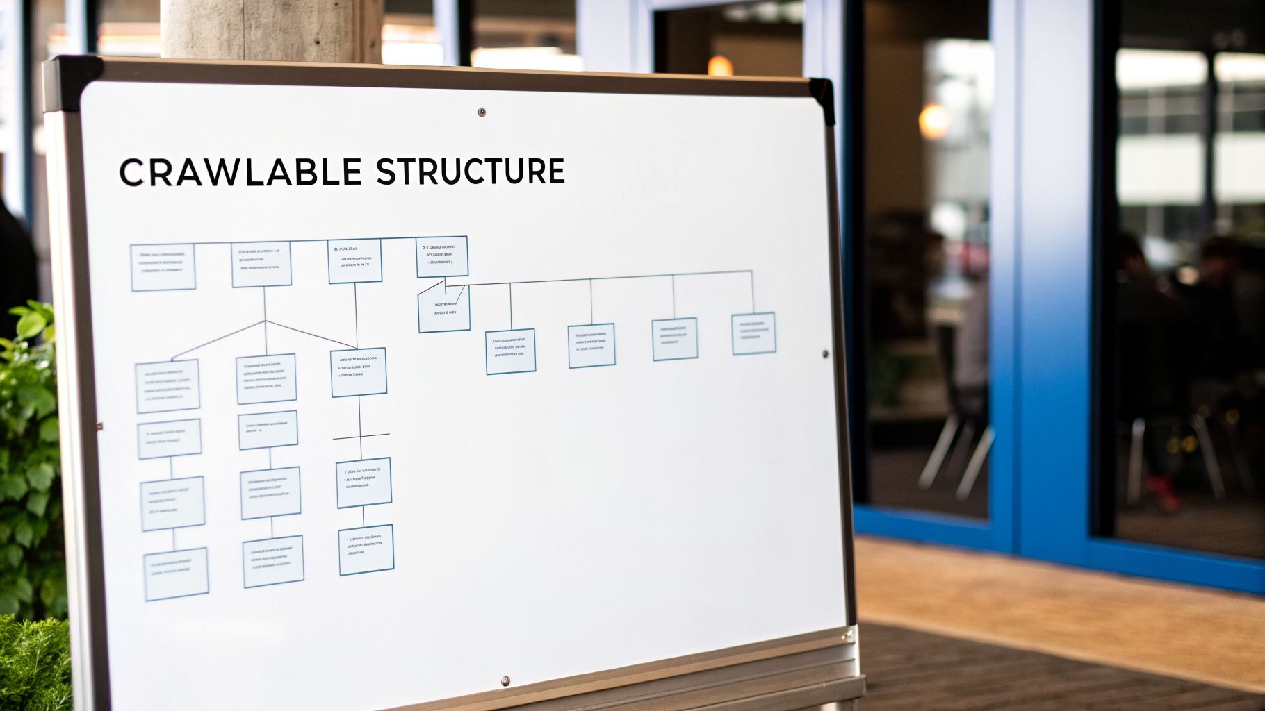 A whiteboard displays a 'CRAWLABLE STRUCTURE' diagram, showing interconnected boxes for website or data organization.