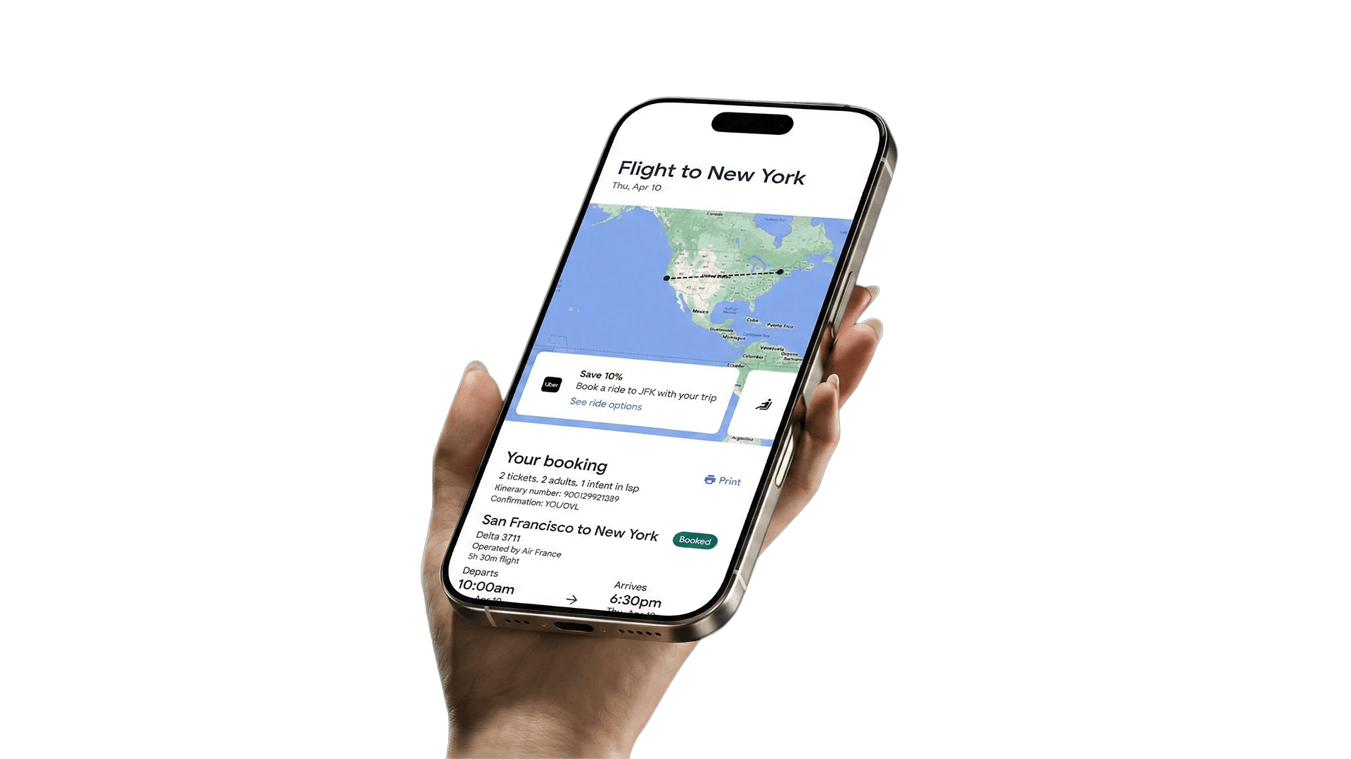 Hand holding an iPhone displaying the Expedia app.
